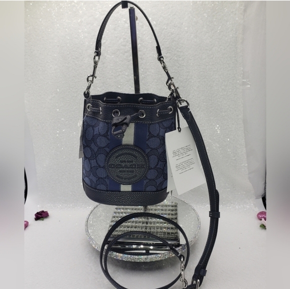 Coach Mini Dempsey Demin Bucket Bag Blue Signature Jacquard Top Handle Leather - Picture 1 of 16